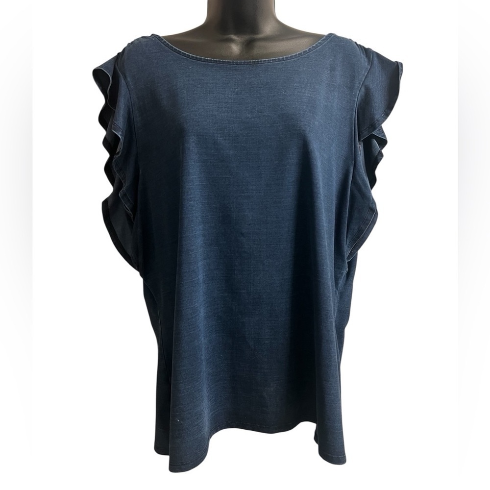 White House Black Market Blue Flutter Sleeve Blouse Navy Classic Stretch Sz XL